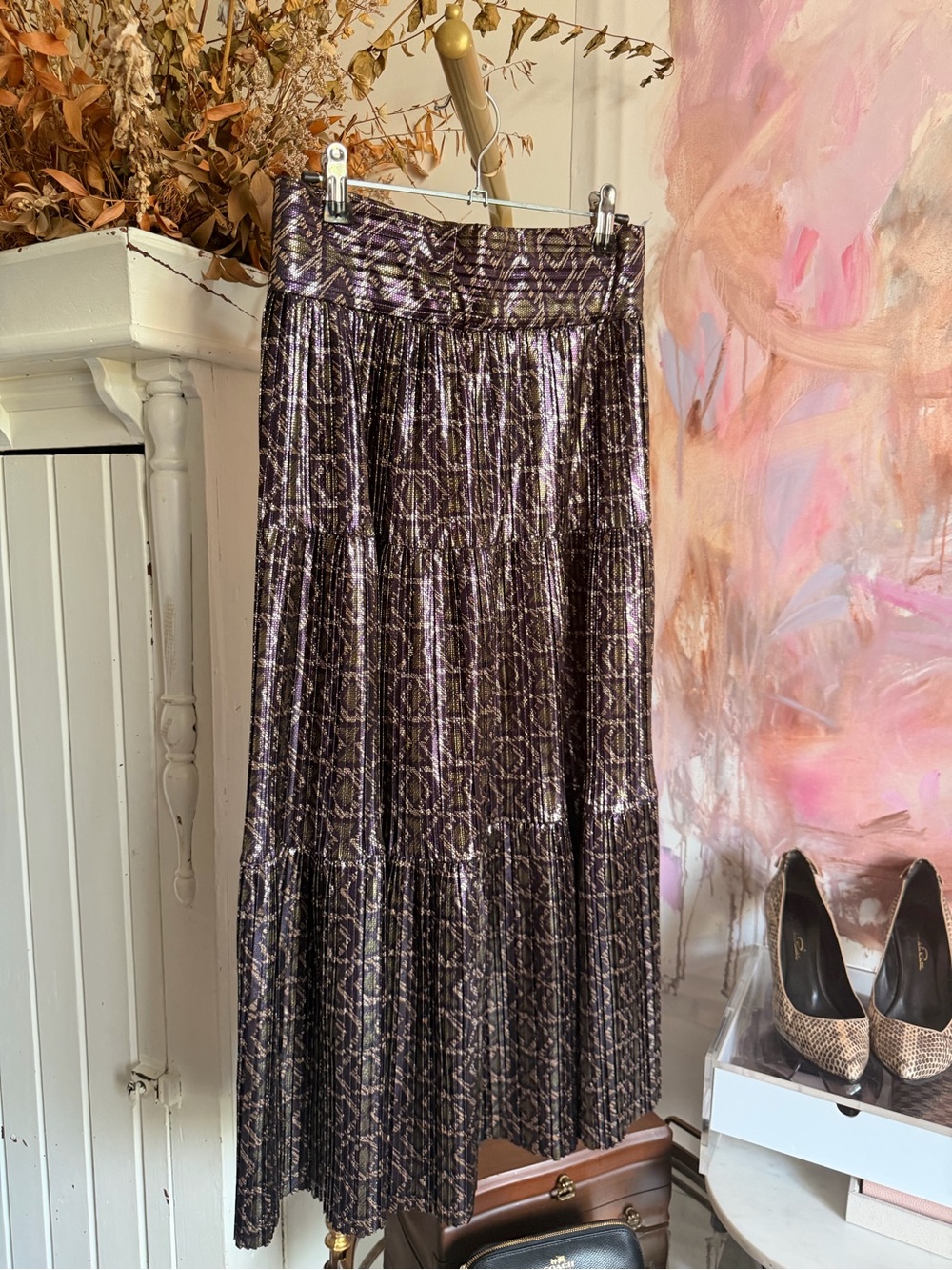 Ba&sh Metallic Purple Patterned Tiered Maxi Skirt